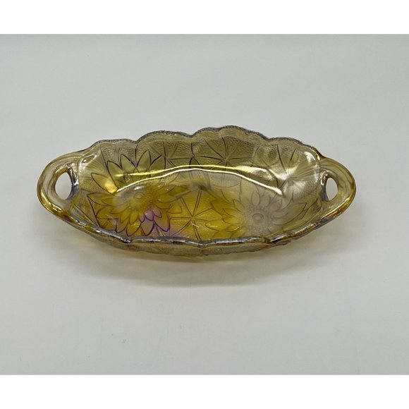 Vintage Indiana Carnival Glass Iridescent Amber Oval Candy/Trinket/Relish Dish - Picture 2 of 3